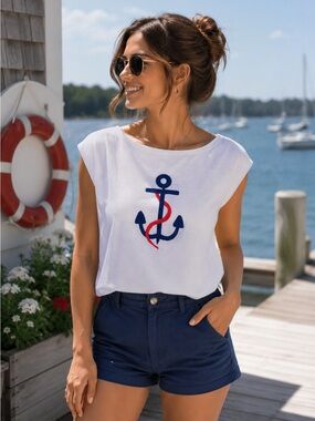 NWOT Women’s Medium | Aaeda | White Sleeveless Anchor Top Nautical